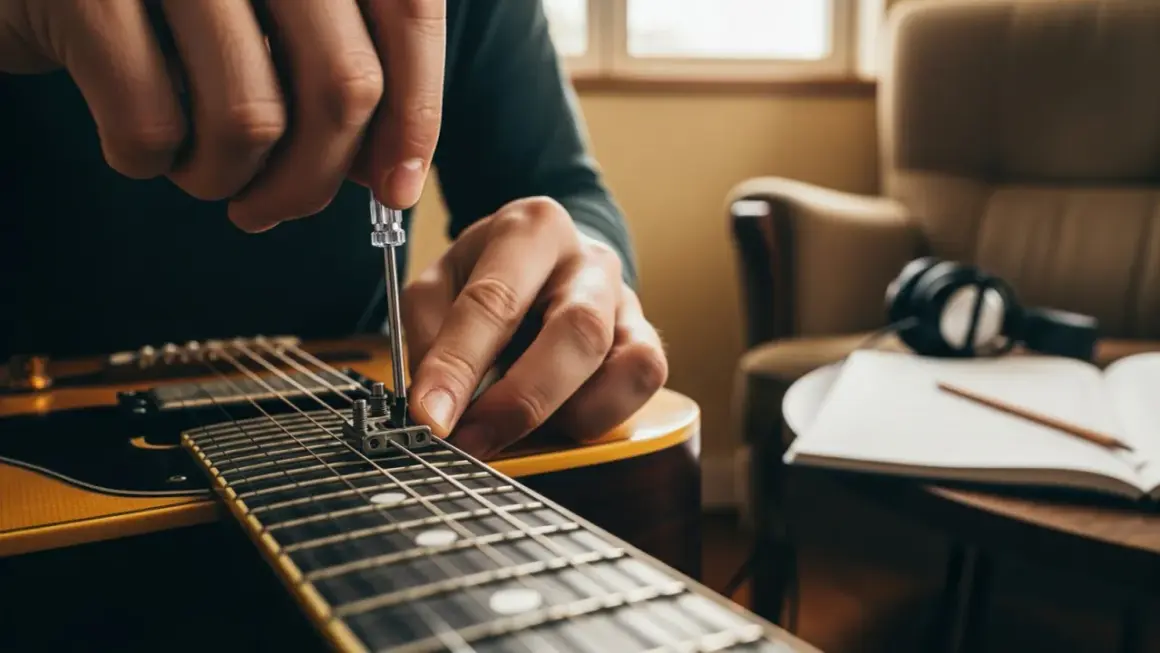 Hände stellen mit Schraubenzieher die Oktavreinheit an einer Gitarre ein. Ein Notizbuch und Kopfhörer liegen daneben.