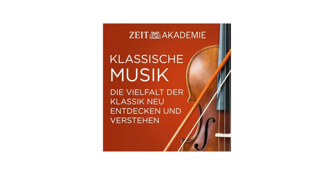Ein Violoncello und Bogen vor einem roten Hintergrund mit dem Text "Klassische Musik".