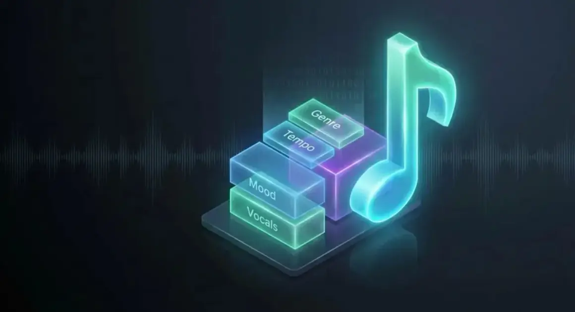 Leuchtende Musiknote und Ebenen mit "Vocals", "Mood", "Tempo", "Genre" – die besten instrumental hits finden.
