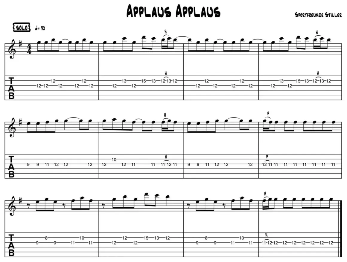 Notenblatt mit Gitarrentabulatur für "Applaus Applaus" von Sportfreunde Stiller. Zeigt die Noten für einige der besten Gitarrensolos.