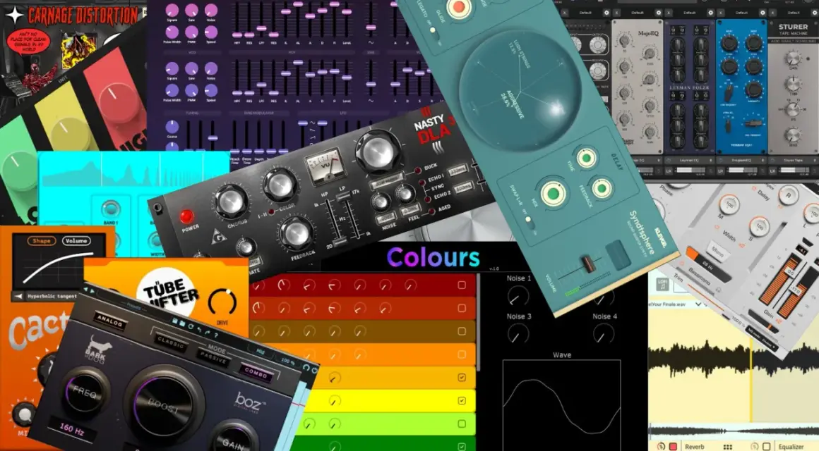 Kollektion von best free plugins für Musikproduktion, darunter Verzerrer, EQs, Synths und Effekte.
