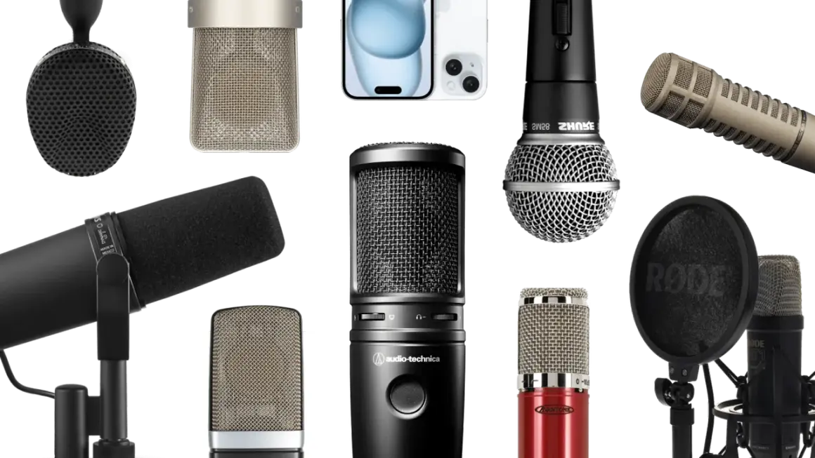 Verschiedene Mikrofone für Gesang und Aufnahme, darunter ein Shure SM7B und ein Audio-Technica.