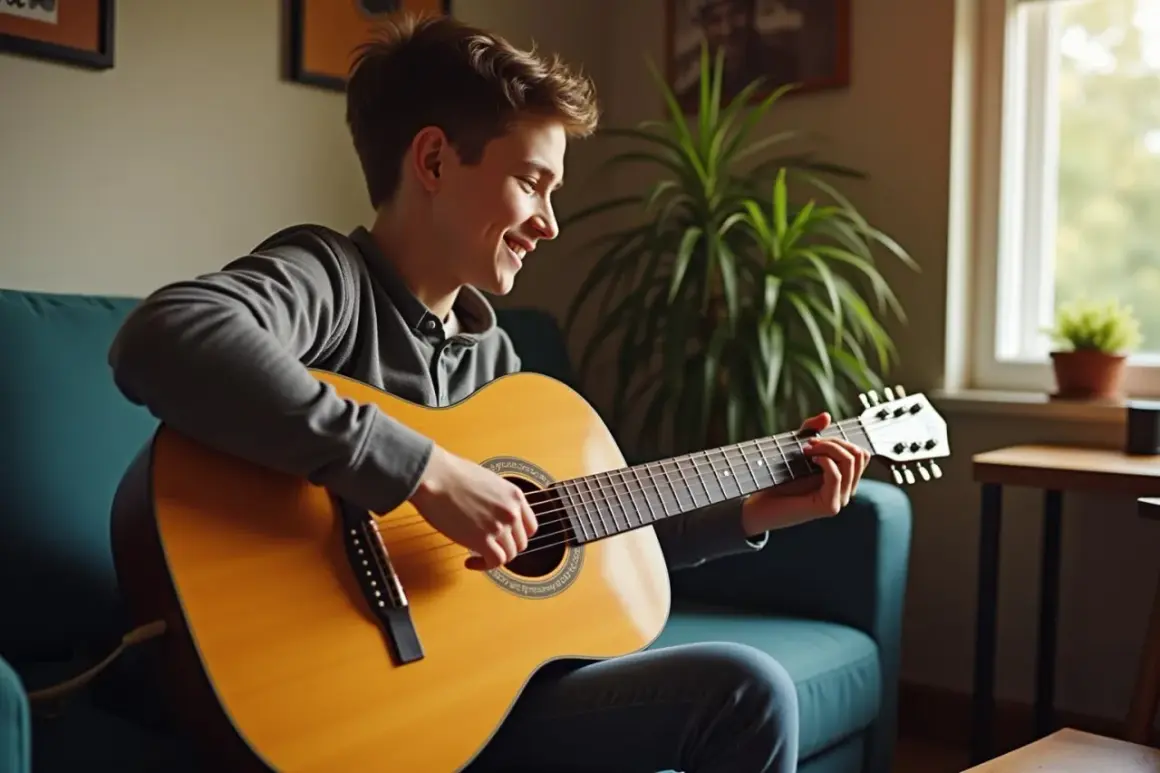 Ein Junge sitzt auf einem Sofa und zupft fröhlich auf seiner Gitarre.