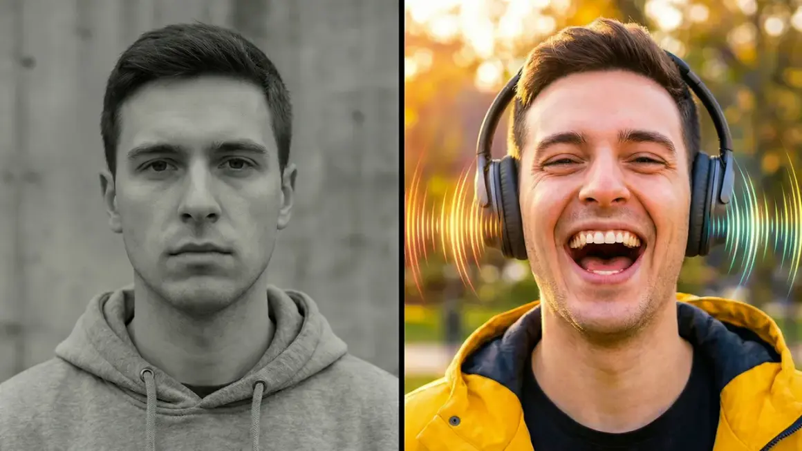 Ein Mann, erst traurig, dann voller Freude, als er lustige Lieder über Kopfhörer hört.