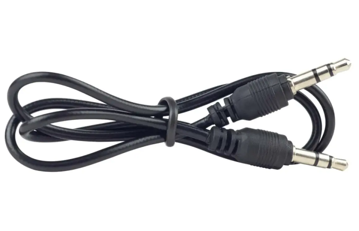 Schwarzes Aux-Kabel mit zwei 3,5-mm-Klinkensteckern. Es erklärt, was Aux-In bedeutet: die Verbindung für Audio.
