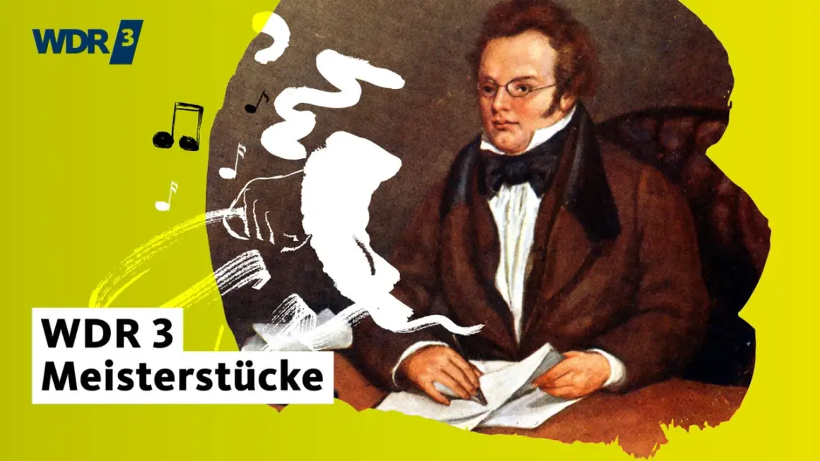 Ein Mann mit Brille und Schleife, umgeben von Noten und weißer Farbe, die an gruselige Musik erinnert. WDR 3 Meisterstücke.
