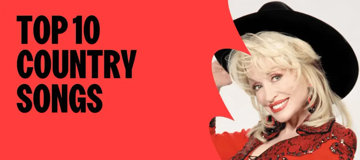 Dolly Parton, Ikone des country song bekannt, lächelt vor rotem Hintergrund mit der Aufschrift "TOP 10 COUNTRY SONGS".