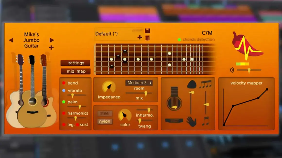 Mike's Jumbo Guitar: ein free guitar vst mit vielen Einstellungsmöglichkeiten für Gitarrenklänge, wie Bend, Vibrato und Palm Mute.