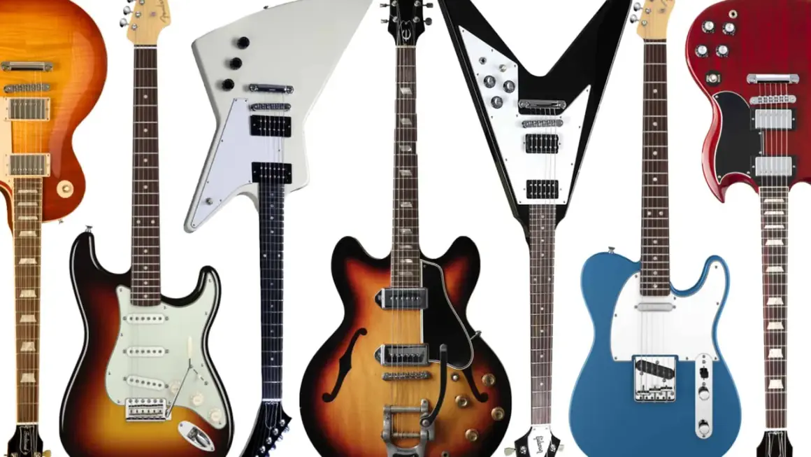 Vielfalt an E-Gitarrentypen: von klassisch bis extravagant, wie Les Paul, Stratocaster, Explorer, Flying V, SG und Telecaster.
