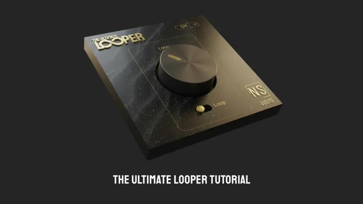 Schwarzes Gerät mit goldener Schrift "The Ultimate Looper" und einem großen Drehknopf. Ideal für Musikproduzenten, die einen music looper suchen.