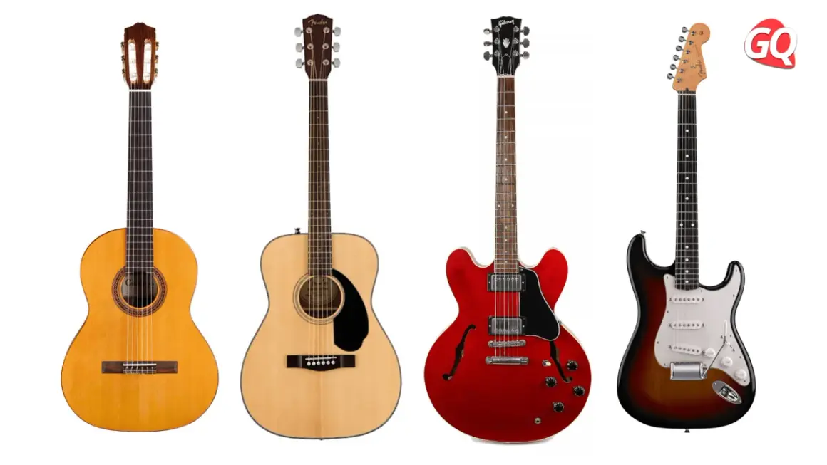 Vier Gitarren: Klassik-, Akustik-, rote E-Gitarre und Fender Stratocaster.