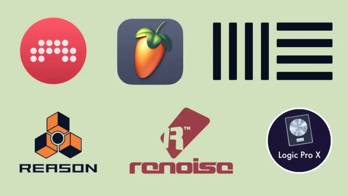 Logos von Musikproduktionsprogrammen: Ableton, FL Studio, Cubase, Reason, Renoise, Logic Pro X.