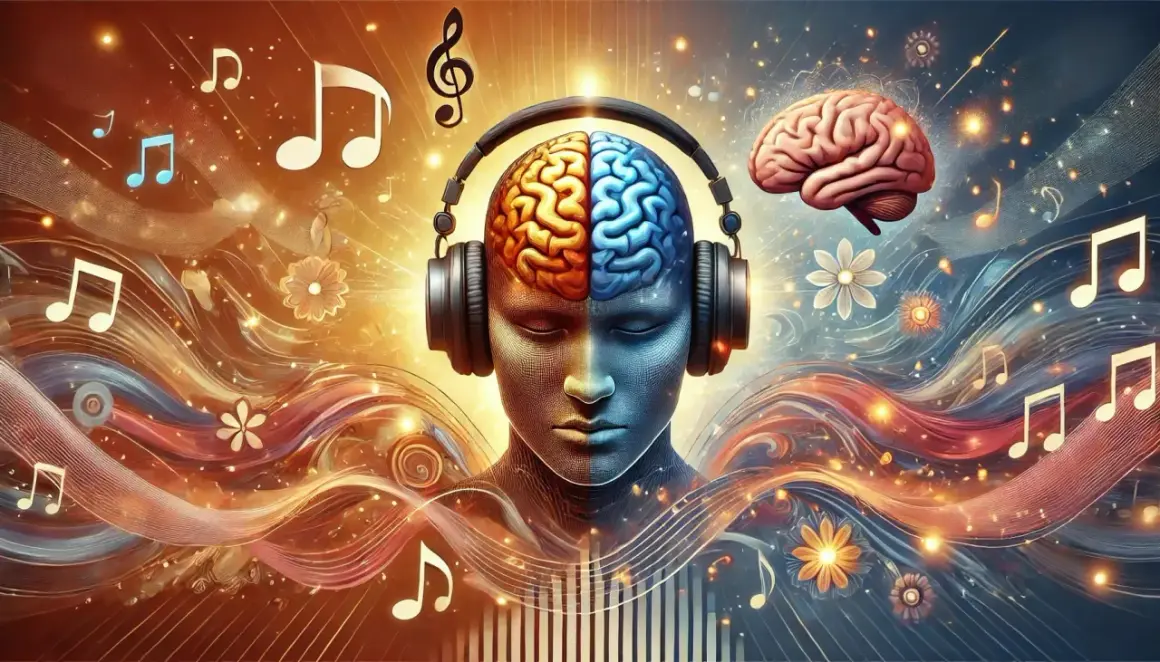 Kopfhörer auf einem Gehirn, umgeben von Noten und Wellen. Musik ist wichtig, weil sie das Gehirn stimuliert und Emotionen weckt.