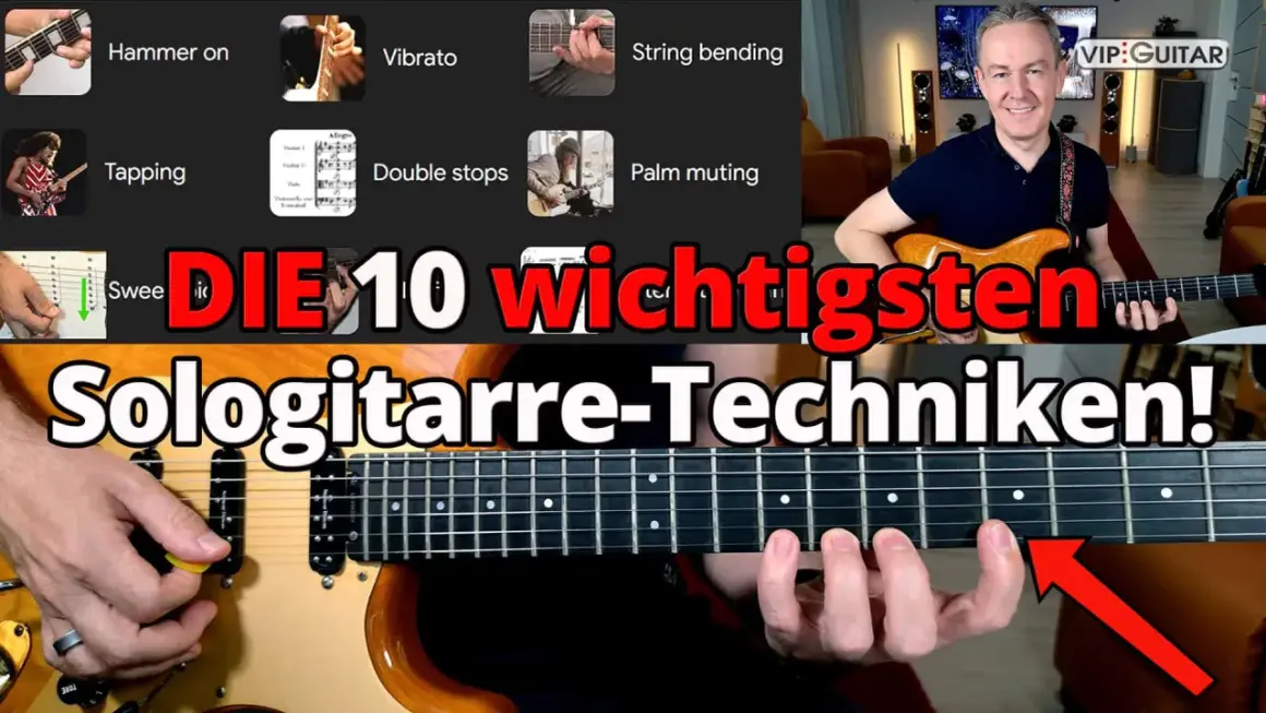 Lerne die 10 wichtigsten Sologitarre-Techniken, wie Hammer-ons, Tapping und Vibrato, mit diesen Finger-Techniken.