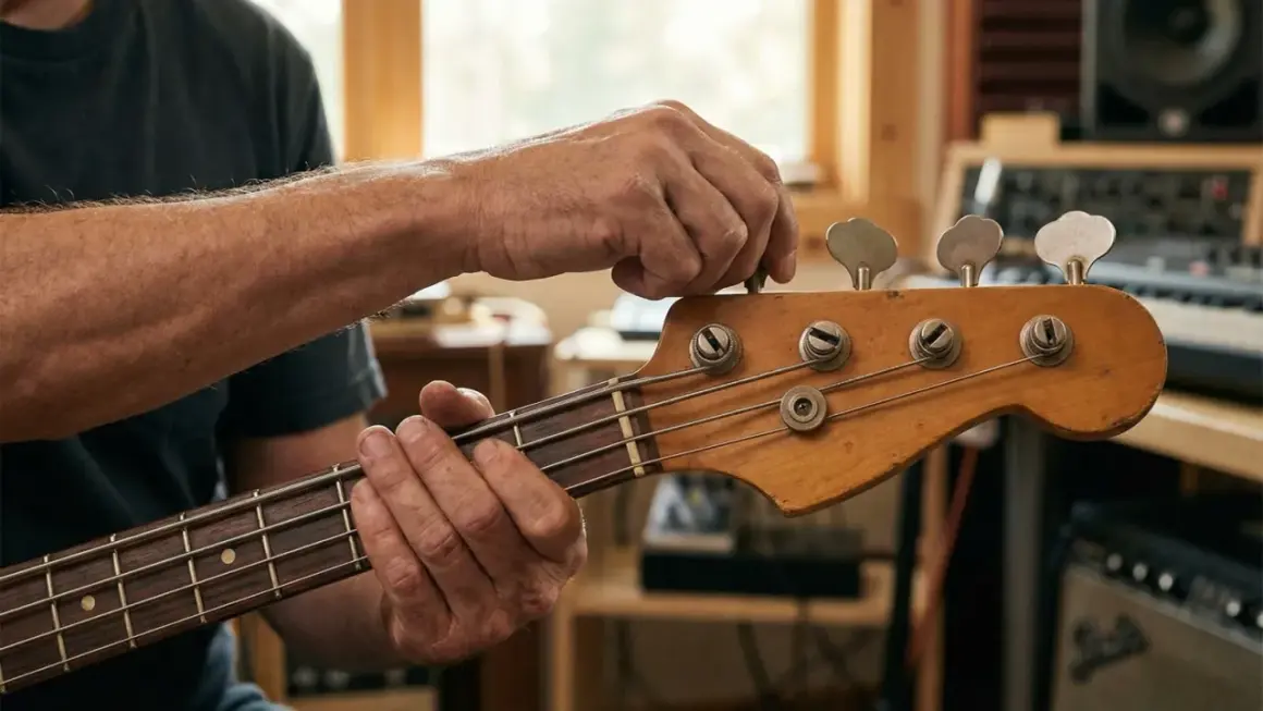 Hände stimmen den Bass. Die Saiten werden feinjustiert, um den perfekten Klang zu erzielen.
