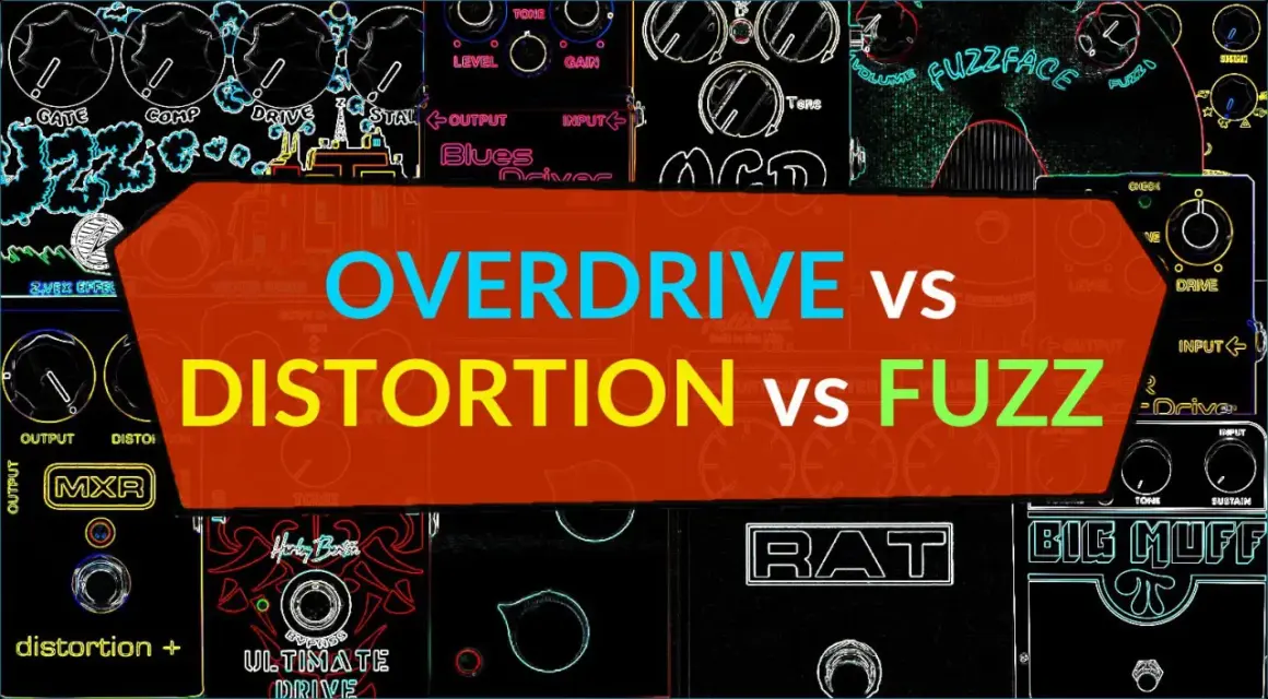 Gitarreneffekte: Overdrive, Distortion und Fuzz. Viele Pedale wie der Big Muff und der RAT sind zu sehen.
