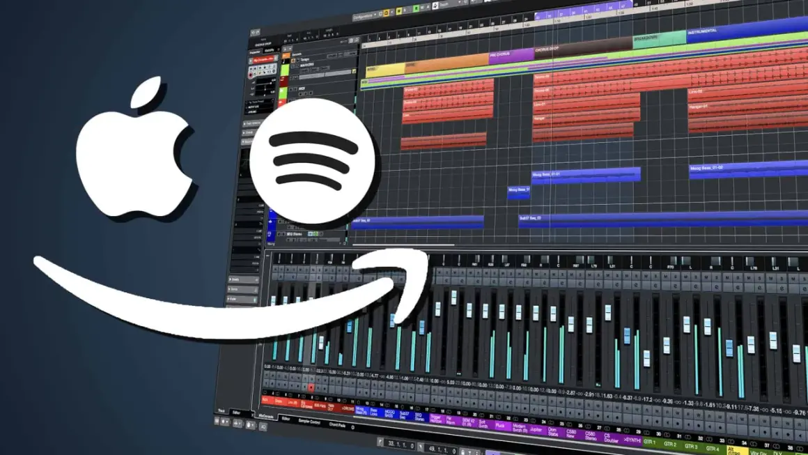 Apple, Spotify, Amazon Logos über einer Musikproduktionssoftware. Mastering Plugin für digitale Musik.