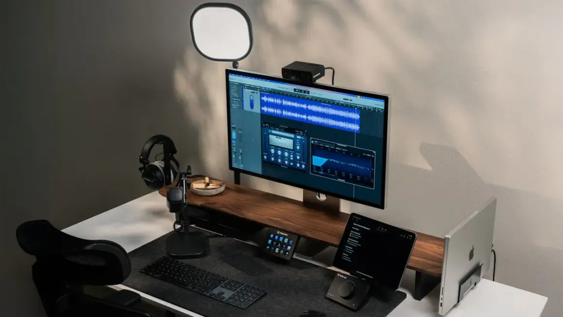 Professionelles Studio-Setup mit Monitor, der Audio-Software anzeigt, Kopfhörern, Mikrofon und Beleuchtung.