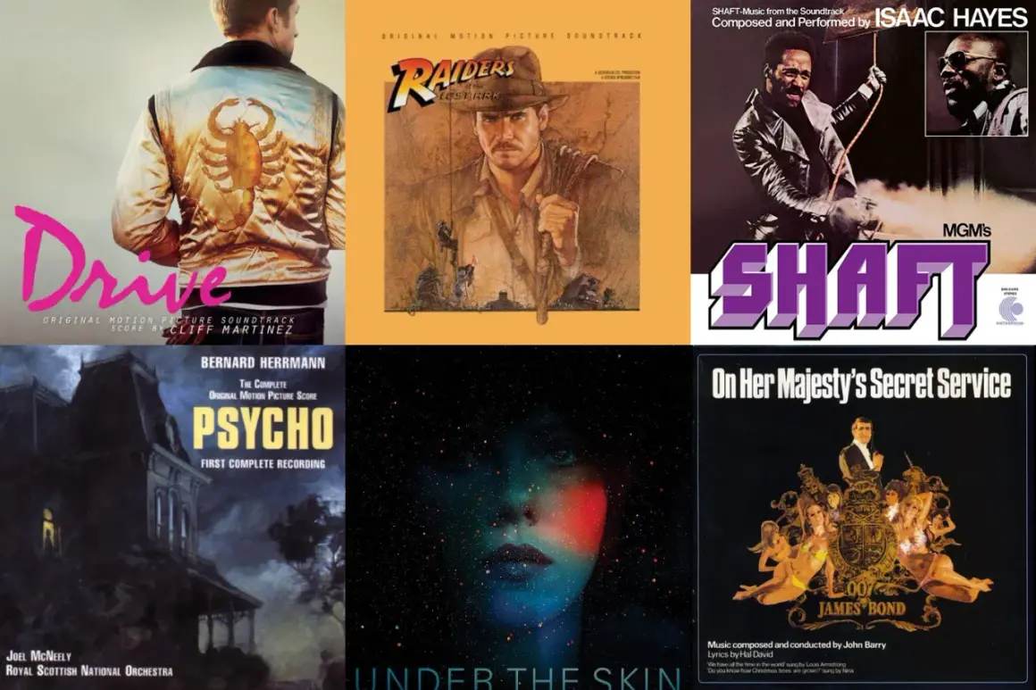 Eine Filmmusik Liste mit Covern von "Drive", "Raiders of the Lost Ark", "Shaft", "Psycho", "Under the Skin" und "On Her Majesty's Secret Service".