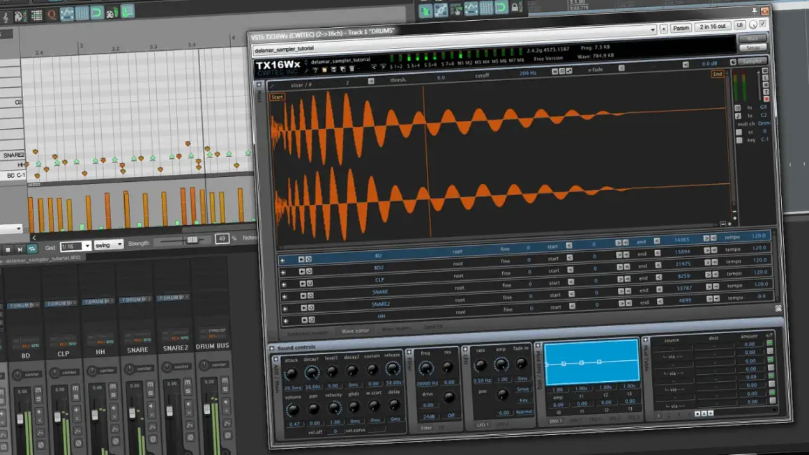 Digitales beat programm zeigt Wellenformen und Mixer-Einstellungen.