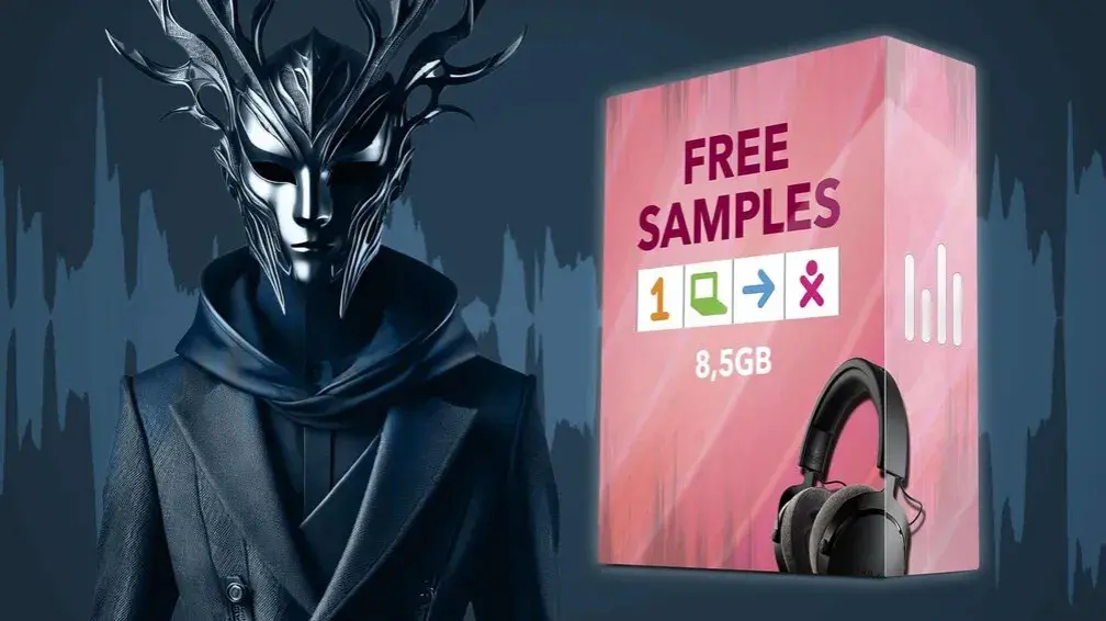 Ein mysteriöser Charakter mit Geweih-Maske und Kopfhörer neben einer Box mit "FREE SAMPLES" und 8,5 GB.