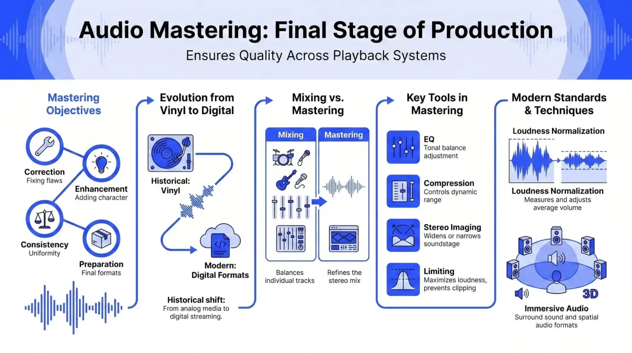 Diagramm erkl&auml;rt Audio Mastering: Ziele (Korrektur, Verbesserung, Konsistenz, Vorbereitung), Entwicklung von Vinyl zu Digital, Mixing vs. Mastering, Werkzeuge (EQ, Kompression, Stereo Imaging, Limiting) und moderne Techniken wie Loudness Normalization ...
