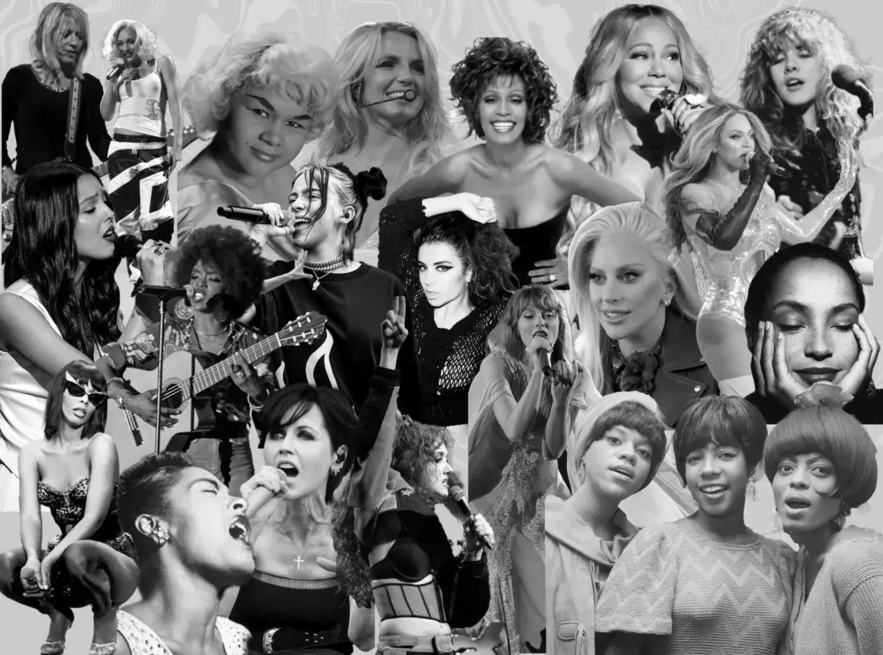 Eine Collage ikonischer S&auml;ngerinnen, die die besten Songs aller Zeiten geschaffen haben: Von Whitney Houston bis Billie Eilish, eine Hommage an weibliche Musiklegenden.