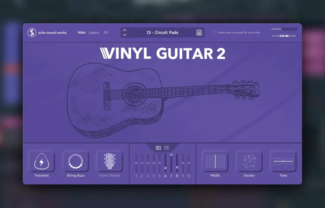 Vinyl Guitar 2: Ein free guitar vst mit Vintage-Charme. Steuere Transienten, Saitenrauschen und mehr.