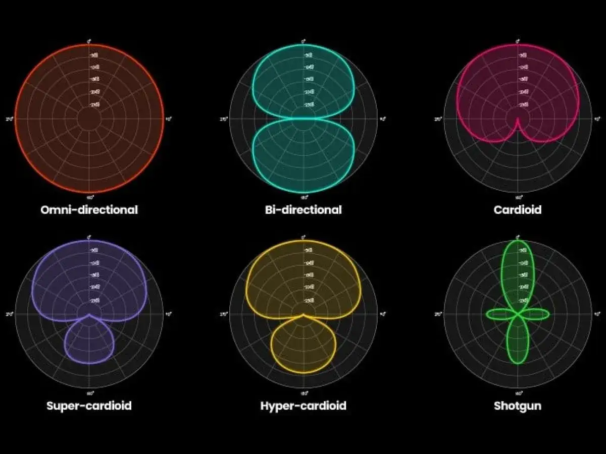 Diagramme zeigen verschiedene Richtcharakteristiken von Mikrofonen: Omni, Bi, Cardioid, Super-Cardioid, Hyper-Cardioid und Shotgun.