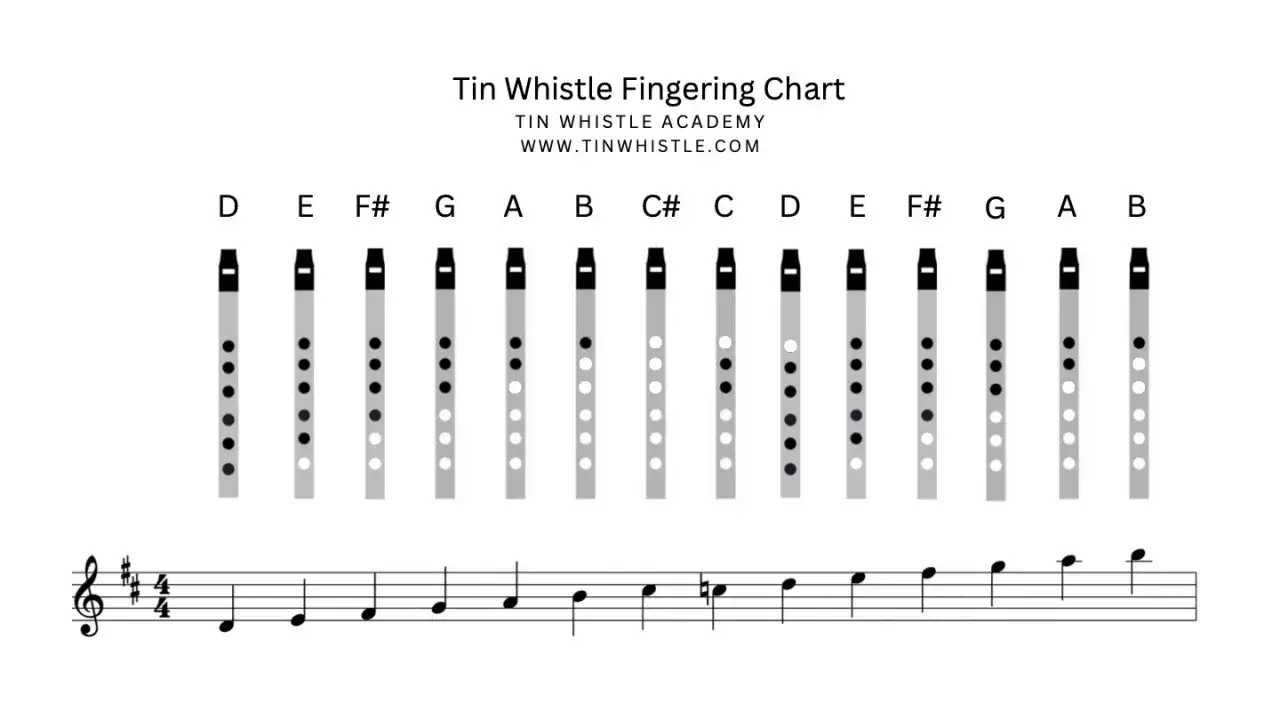 Fingersatzdiagramm für Tin Whistle, um das Spielen zu lernen. Zeigt Griffe für verschiedene Noten.
