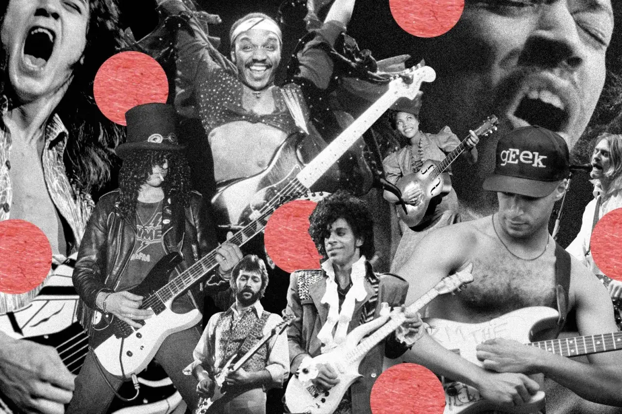 Slash, Prince, Jimi Hendrix und andere Legenden spielen Gitarre. Eine Collage, die die besten Gitarrensolos aller Zeiten feiert.