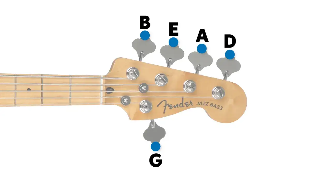 Kopfplatte eines Fender Jazz Bass mit Markierungen f&uuml;r die Saiten B, E, A, D und G, die beim Stimmen des Basses helfen.
