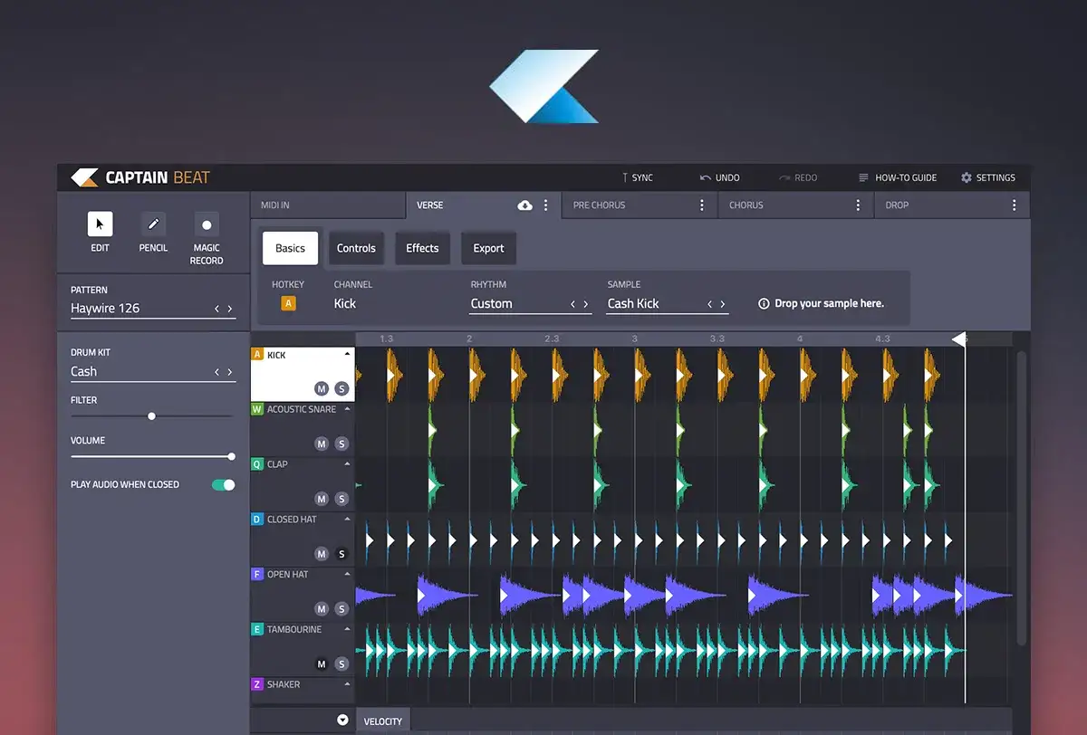 Mit Captain Beat eigene Beats selber machen. Die Software zeigt eine Drum-Machine-Oberfl&auml;che mit verschiedenen Spuren und Samples.