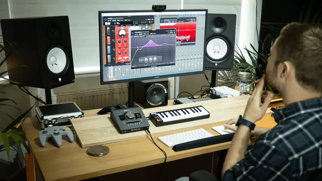 Mann am Schreibtisch mit Studio-Equipment, bereit, Rap selber zu machen. Monitor zeigt Musiksoftware, daneben Lautsprecher, Keyboard und Controller.