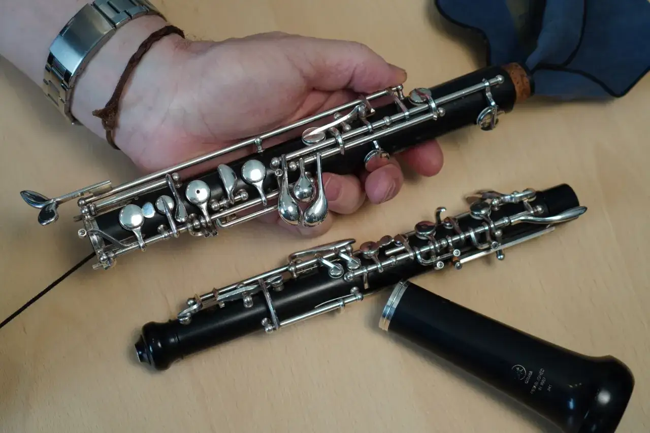 Zwei Oboen liegen auf einem Holztisch. Eine wird von einer Hand gehalten, bereit, das Oboe lernen zu beginnen.