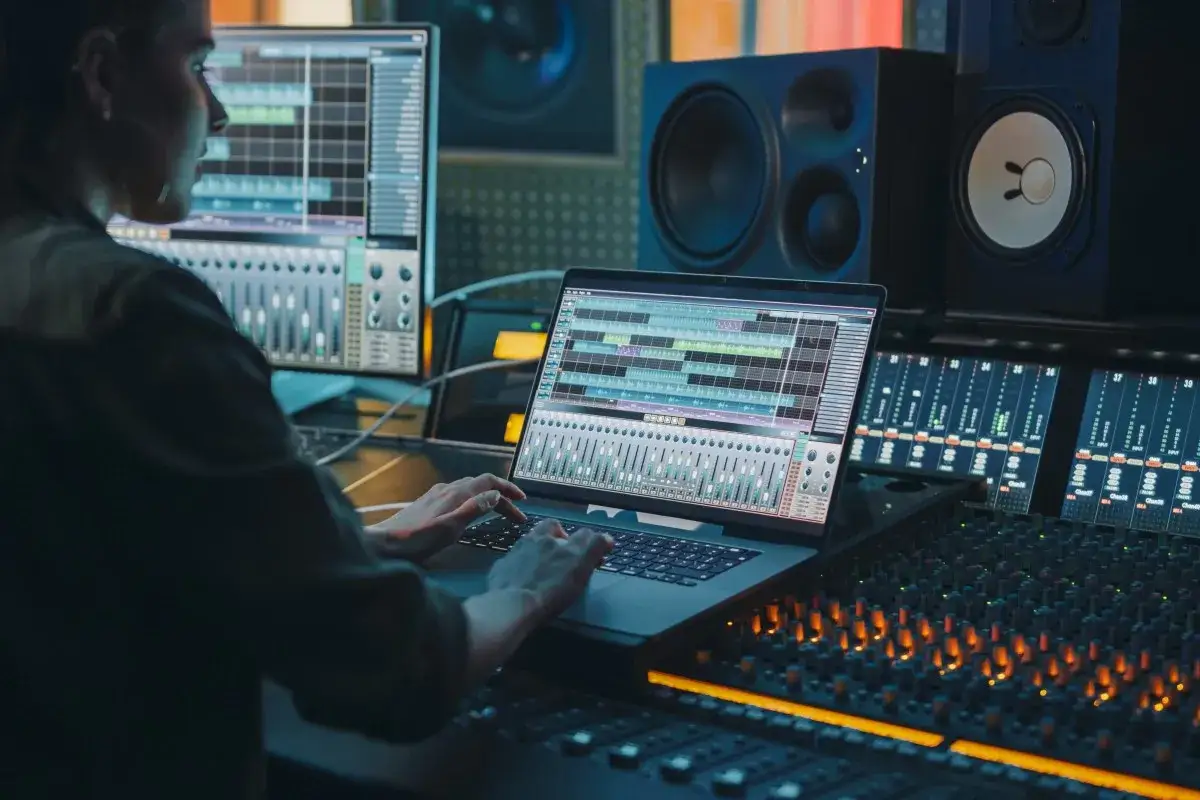 Frau arbeitet an einem Musik produzieren Programm auf ihrem Laptop in einem Tonstudio.