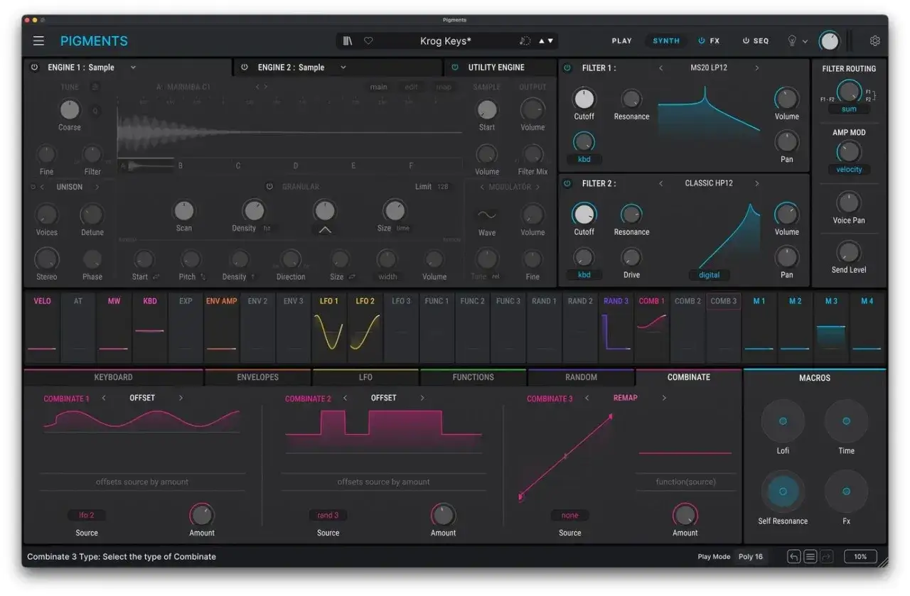 Das Interface des Pigments VST zeigt eine komplexe Synthesizer-Oberfläche mit zwei Engines, Filtern, LFOs und Makros zur Klanggestaltung.