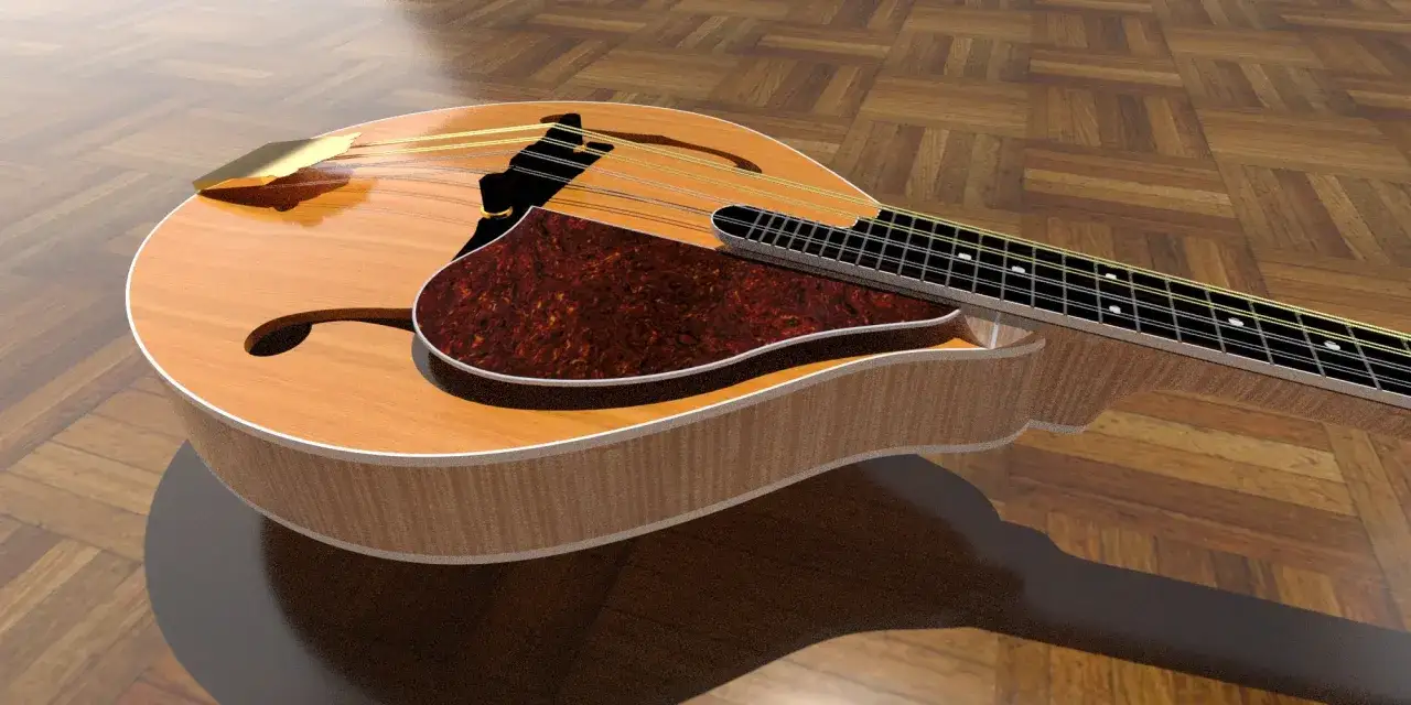Eine Mandoline, ein Saiteninstrument mit einem birnenförmigen Korpus und acht Saiten, liegt auf einem Holzboden.