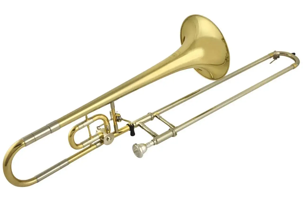 Glänzende, goldene Posaune mit silbernen Details, bereit für jazzige Klänge.