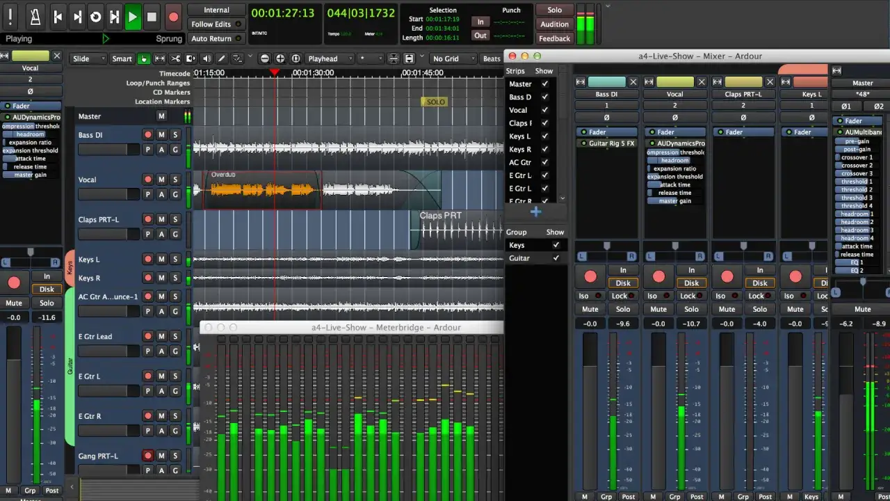 Ardour DAW-Oberfl&auml;che mit Spuren f&uuml;r Gesang, Gitarre und Drums. Mixer-Ansicht mit Fader-Reglern und Wellenformen.