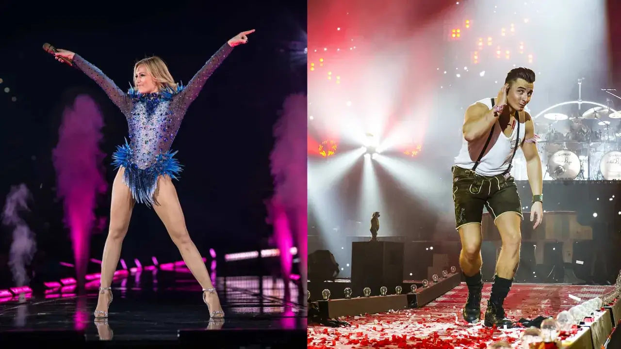 Helene Fischer und ein Mann in Lederhosen auf Bühnen, die deutsche Lieder, die jeder kennt, performen.