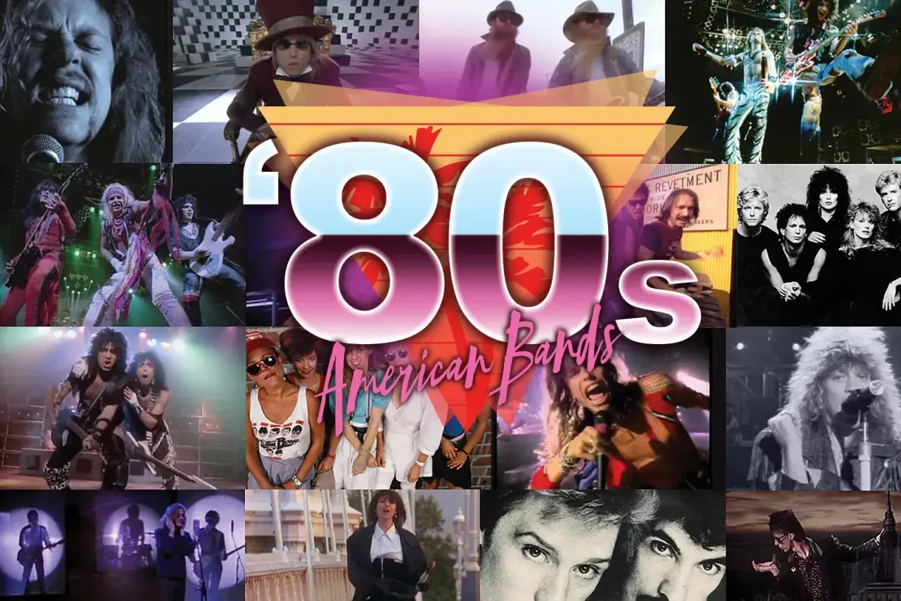 Collage mit amerikanischen Bands der 80er alphabetisch. Rockstars, Sänger und Gruppen in Aktion.
