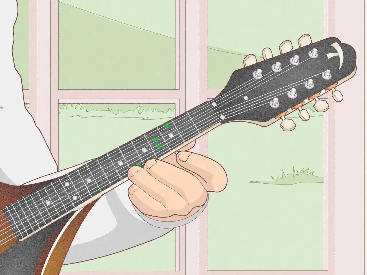 Eine Hand hält eine Mandoline, Finger auf dem Griffbrett, um die mandoline stimmung zu lernen.