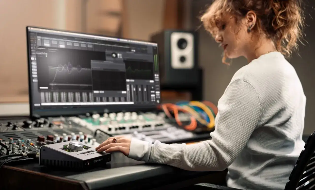Frau am Mischpult, die mit dem Apollo Twin an einem Song arbeitet.