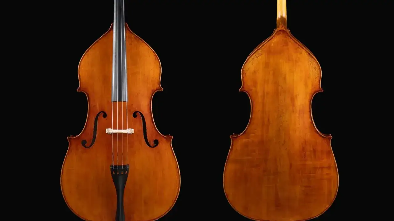 Zwei Ansichten eines Kontrabasses, eines tief klingenden Bassinstruments, vor schwarzem Hintergrund.