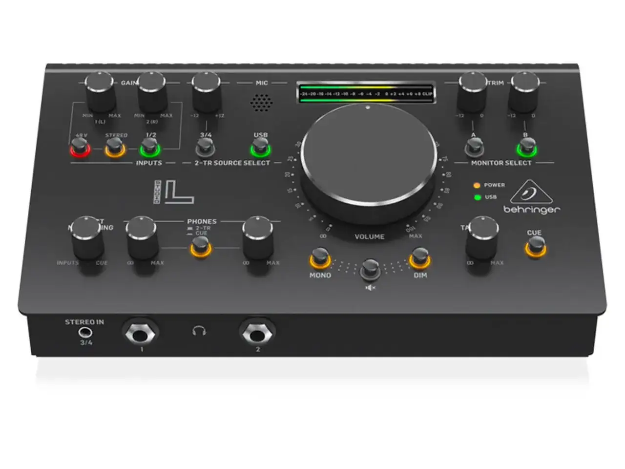 Behringer Mischpult mit Reglern f&uuml;r Gain und Volume. Die Bedienelemente erm&ouml;glichen pr&auml;zise Steuerung von Signalst&auml;rke und Lautst&auml;rke.