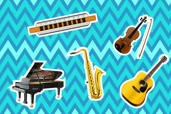 Harmonika, ein einfaches Blasinstrument, neben Saxophon, Geige, Gitarre und Flügel.