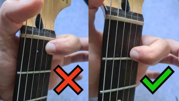 Vergleich: Fingerposition beim Gitarrenhals abschleifen. Links falsch, rechts richtig.