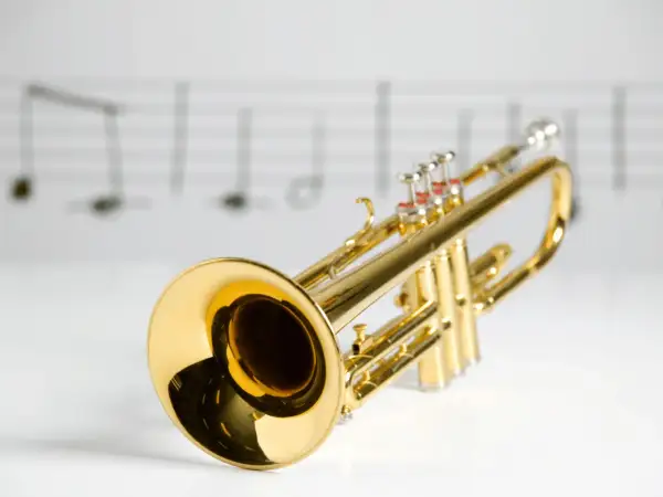 Glänzende Trompete auf Noten. Was ist eine Trompete? Ein Blasinstrument, das Musik macht.
