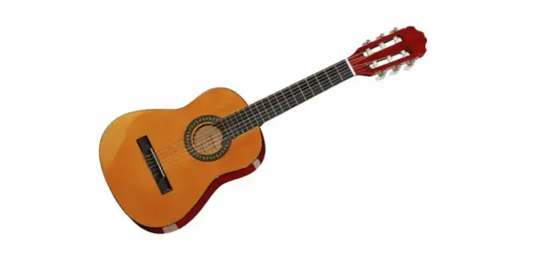 Eine klassische Gitarre mit hellem Holzkorpus und rotem Kopf. Die Gitarre 1/8 ist bereit für erste Melodien.